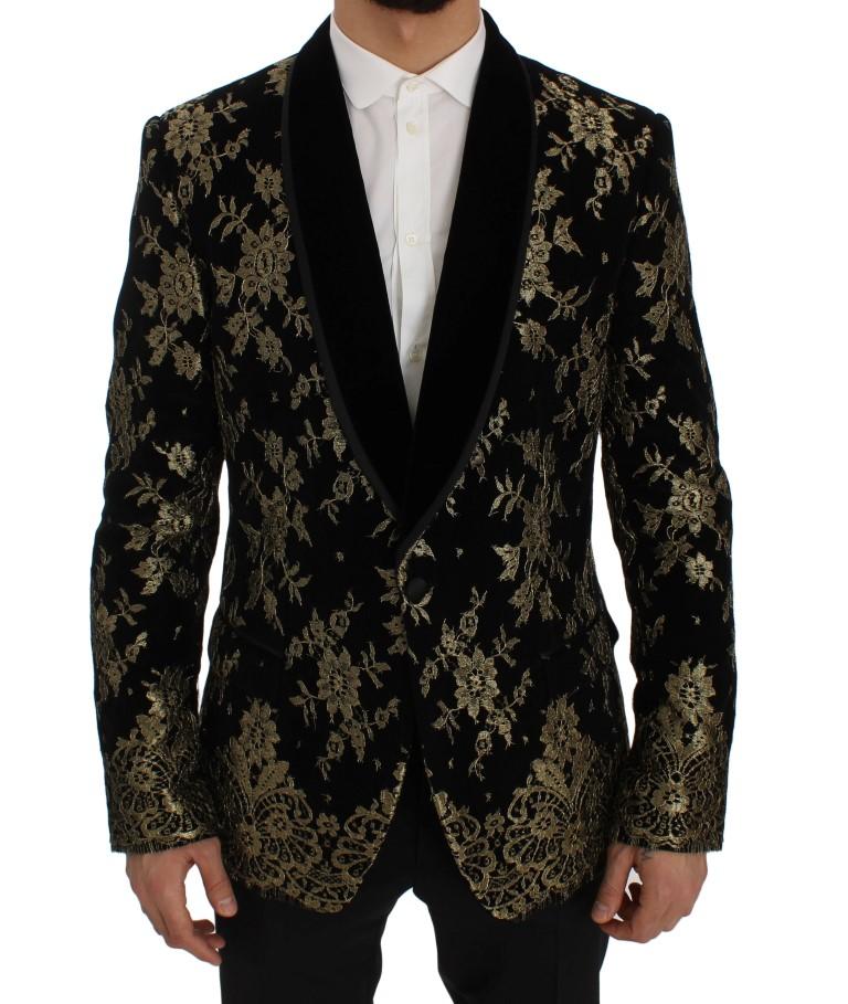 Black Gold Floral Lace Slim Fit Blazer Jacket