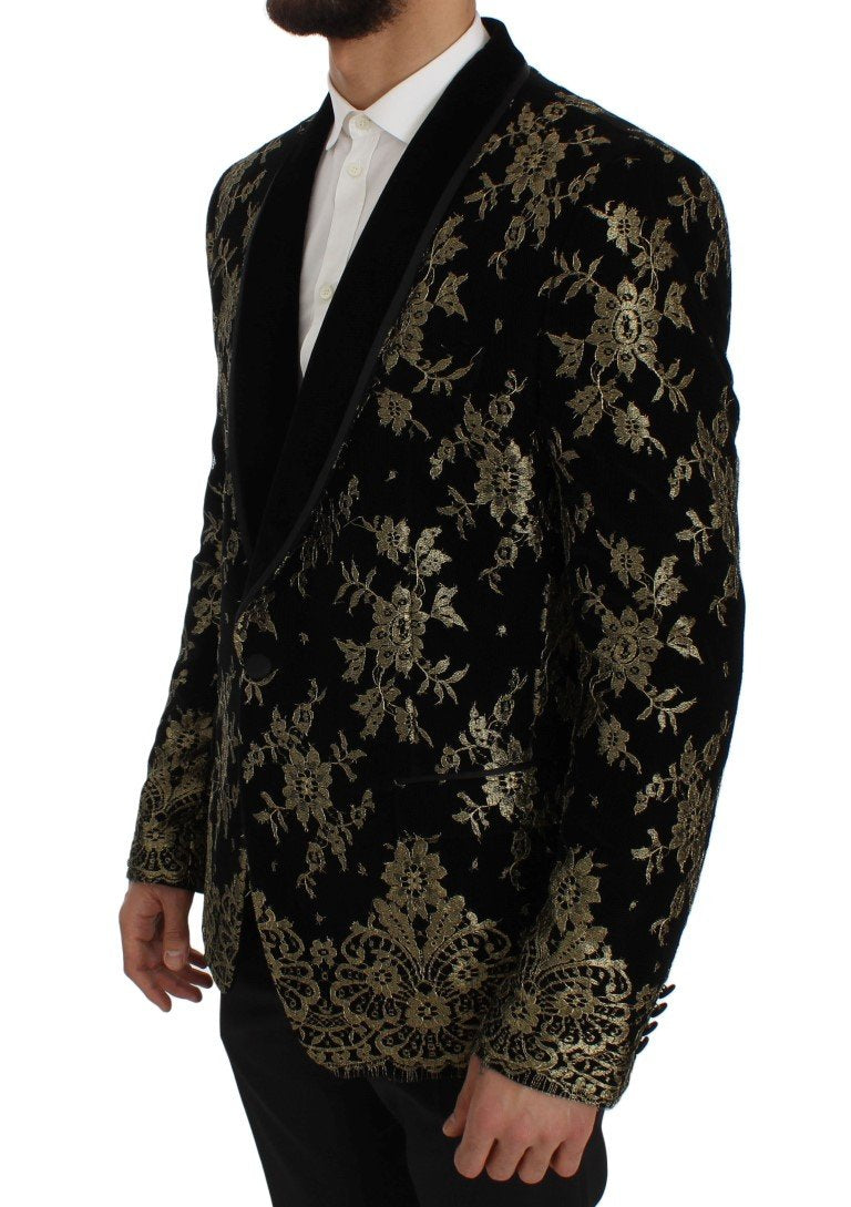 Black Gold Floral Lace Slim Fit Blazer Jacket