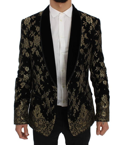 Black Gold Floral Lace Slim Fit Blazer Jacket