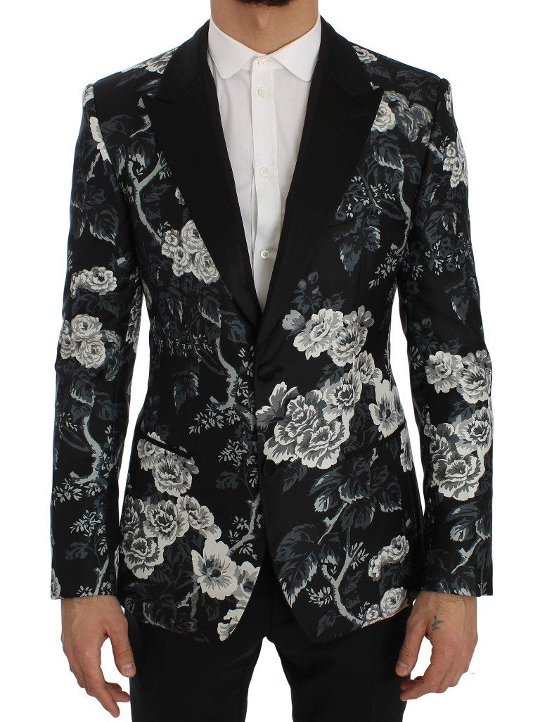 Black Floral Silk Slim Fit Blazer Jacket