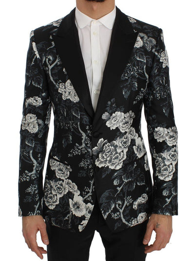 Black Floral Silk Slim Fit Blazer Jacket