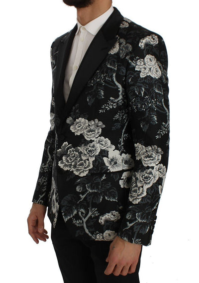 Black Floral Silk Slim Fit Blazer Jacket