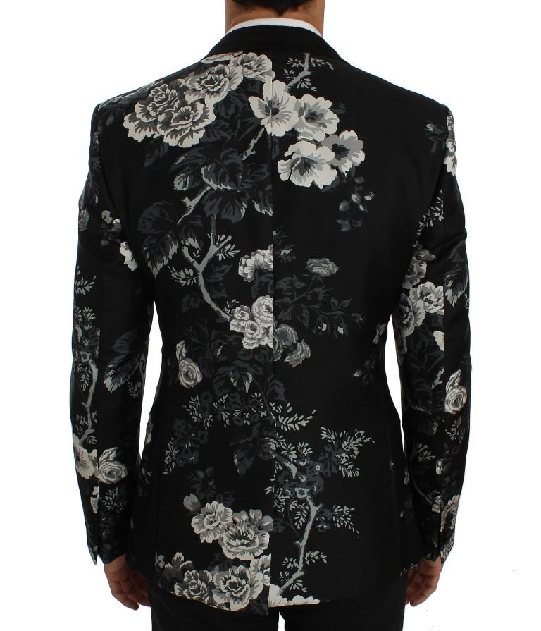 Black Floral Silk Slim Fit Blazer Jacket