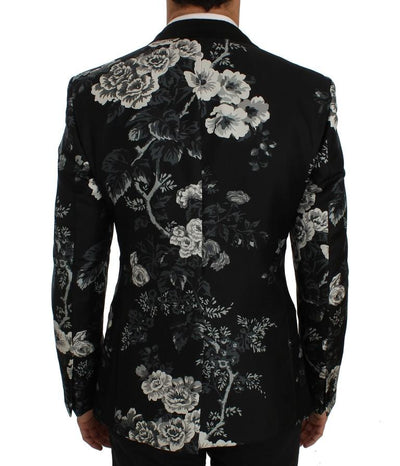 Black Floral Silk Slim Fit Blazer Jacket