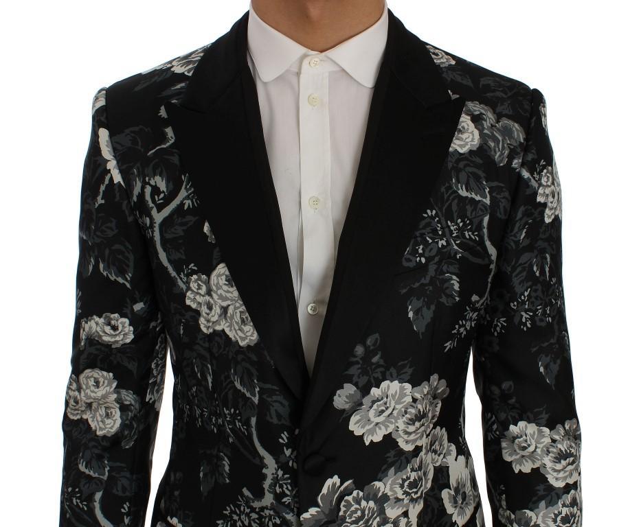 Black Floral Silk Slim Fit Blazer Jacket