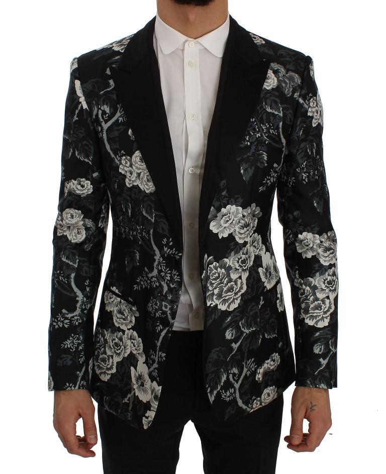 Black Floral Silk Slim Fit Blazer Jacket