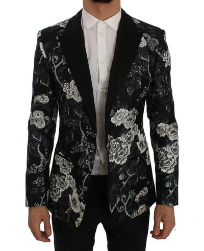 Black Floral Silk Slim Fit Blazer Jacket