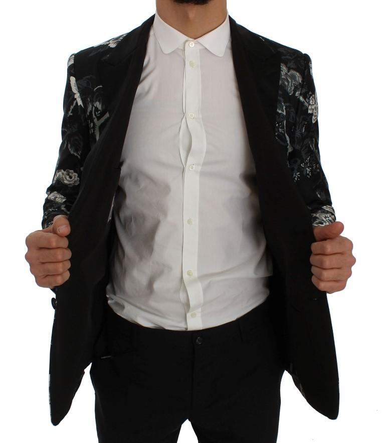 Black Floral Silk Slim Fit Blazer Jacket
