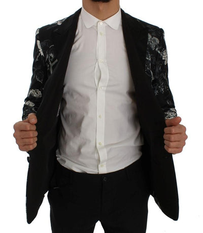 Black Floral Silk Slim Fit Blazer Jacket