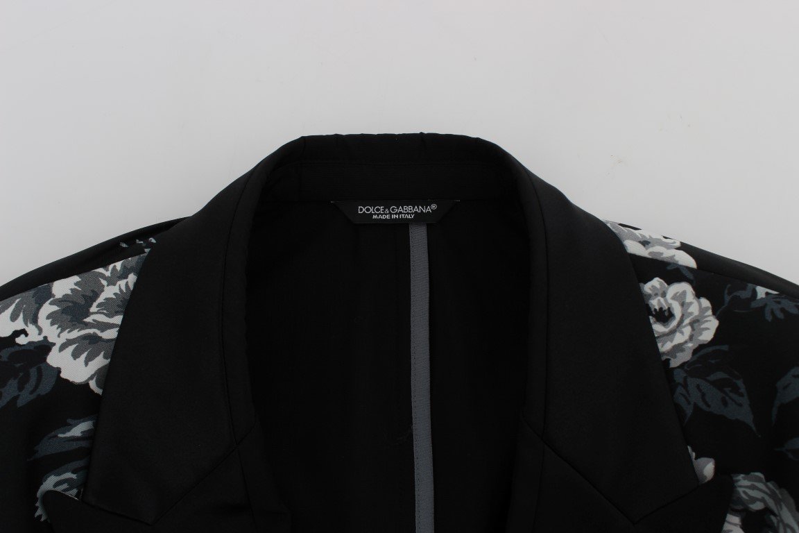 Black Floral Silk Slim Fit Blazer Jacket