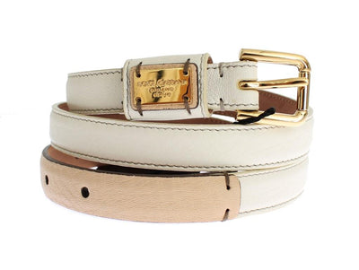 White Leather Gold Buckle Logo Waist Belt