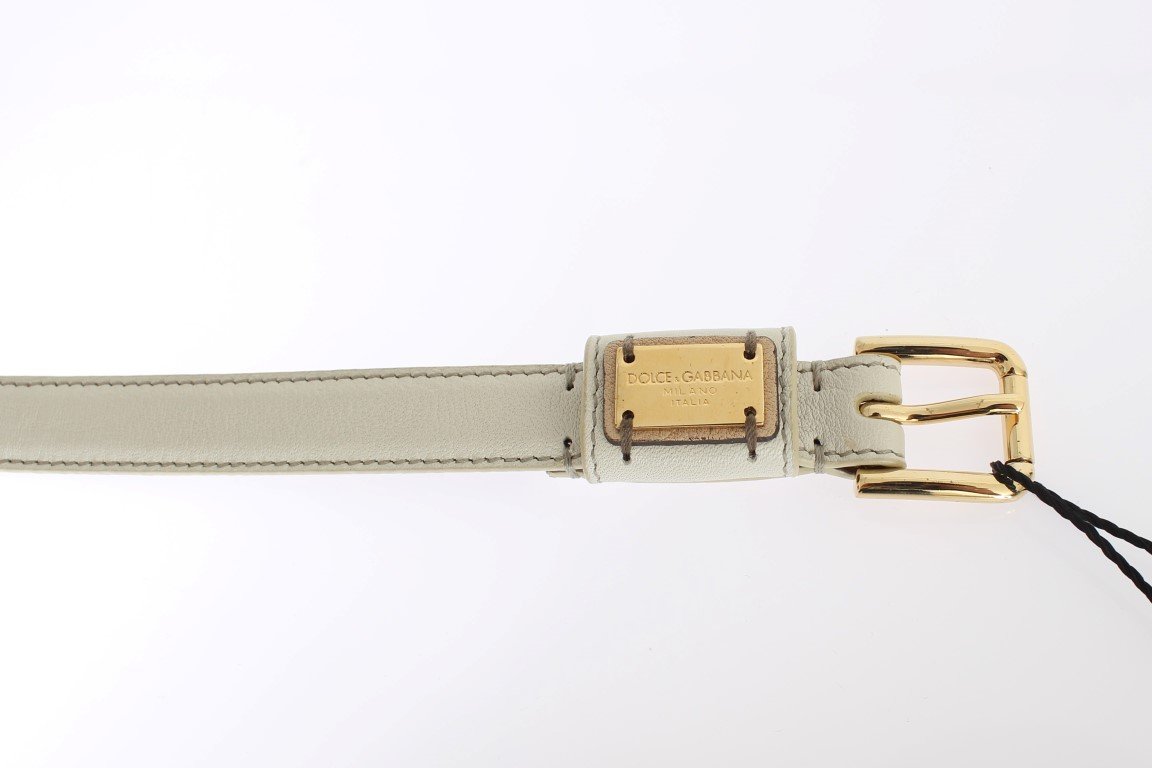 White Leather Gold Buckle Logo Waist Belt