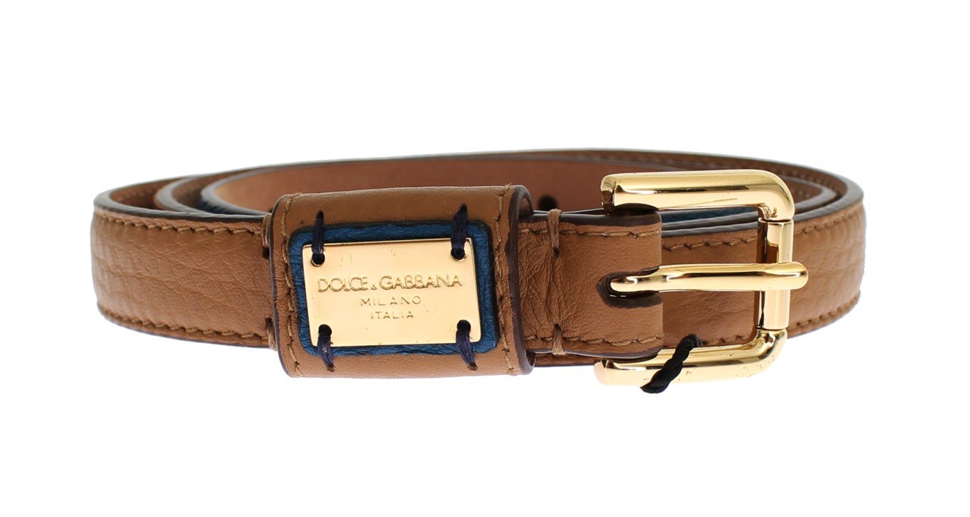 Brown Leather Gold Buckle Logo Waist Belt