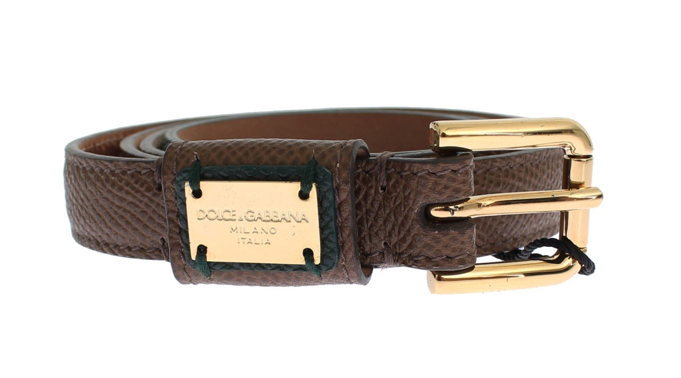 Brown Leather Gold Buckle Logo Waist Belt