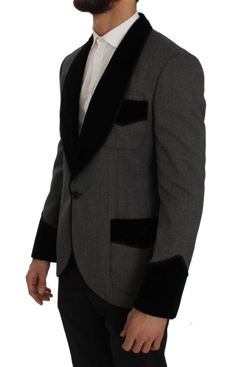 Gray Black One Button Slim Fit Blazer Jacket