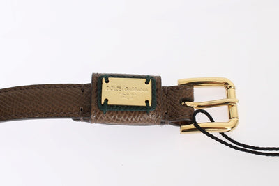 Brown Leather Gold Buckle Logo Waist Belt