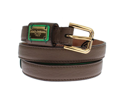 Brown Leather Gold Buckle Logo Waist Belt