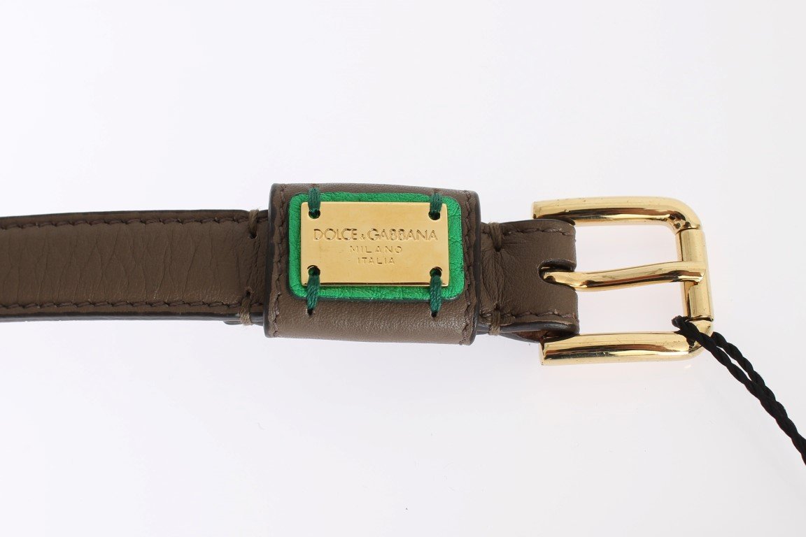 Brown Leather Gold Buckle Logo Waist Belt