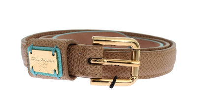 Brown Leather Gold Buckle Logo Waist Belt