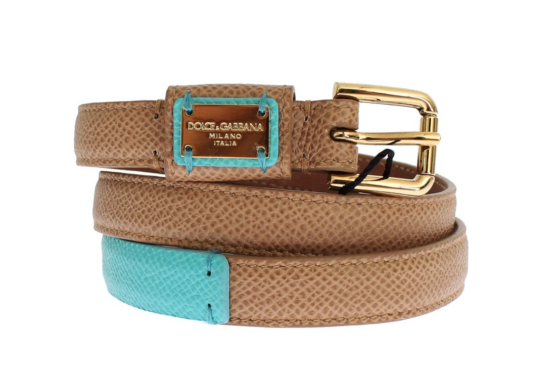 Brown Leather Gold Buckle Logo Waist Belt