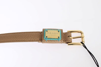 Brown Leather Gold Buckle Logo Waist Belt