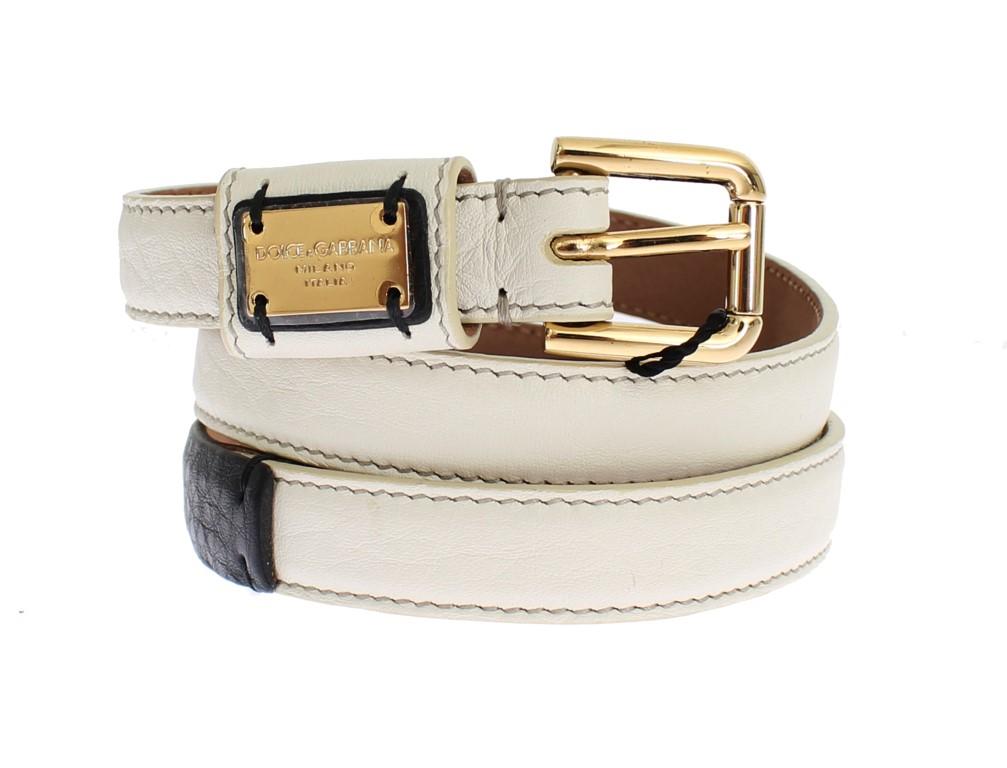 White Leather Gold Buckle Logo Waist Belt
