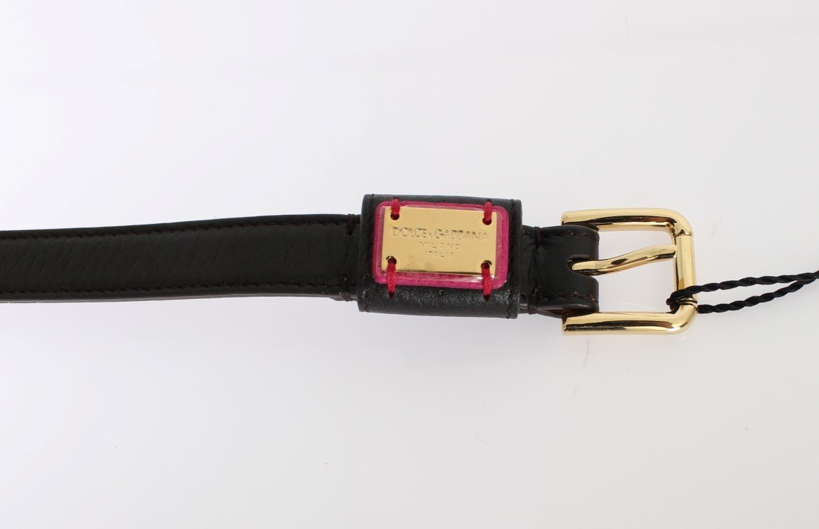 Black Leather Gold Buckle Logo Waist Belt