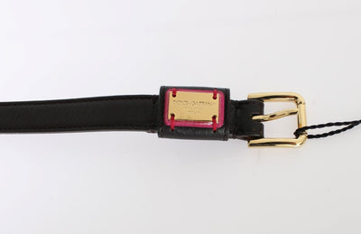 Black Leather Gold Buckle Logo Waist Belt