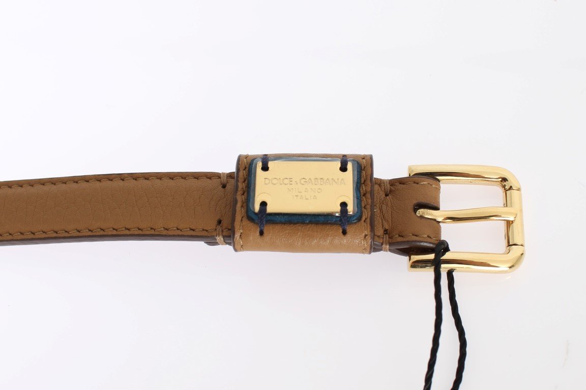 Brown Leather Gold Buckle Logo Waist Belt