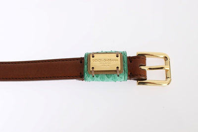 Brown Leather Gold Buckle Logo Waist Belt