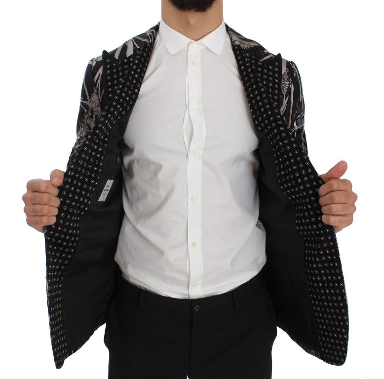 Blue Bird Print Silk Slim Fit Blazer Jacket
