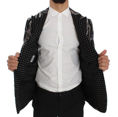 Blue Bird Print Silk Slim Fit Blazer Jacket