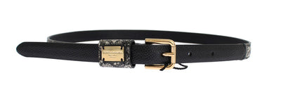 Gray Leather Gold Buckle Logo Waist Belt