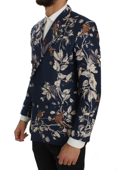 Blue Bird Print Silk Slim Fit Blazer Jacket