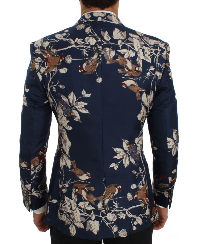 Blue Bird Print Silk Slim Fit Blazer Jacket