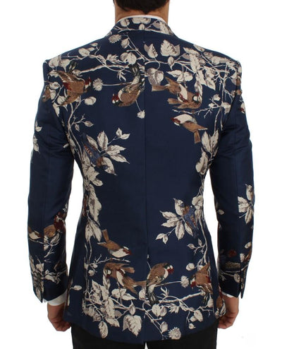 Blue Bird Print Silk Slim Fit Blazer Jacket