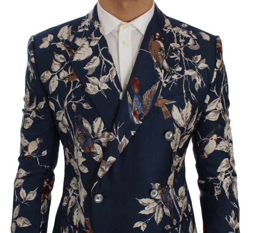 Blue Bird Print Silk Slim Fit Blazer Jacket