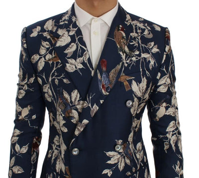 Blue Bird Print Silk Slim Fit Blazer Jacket