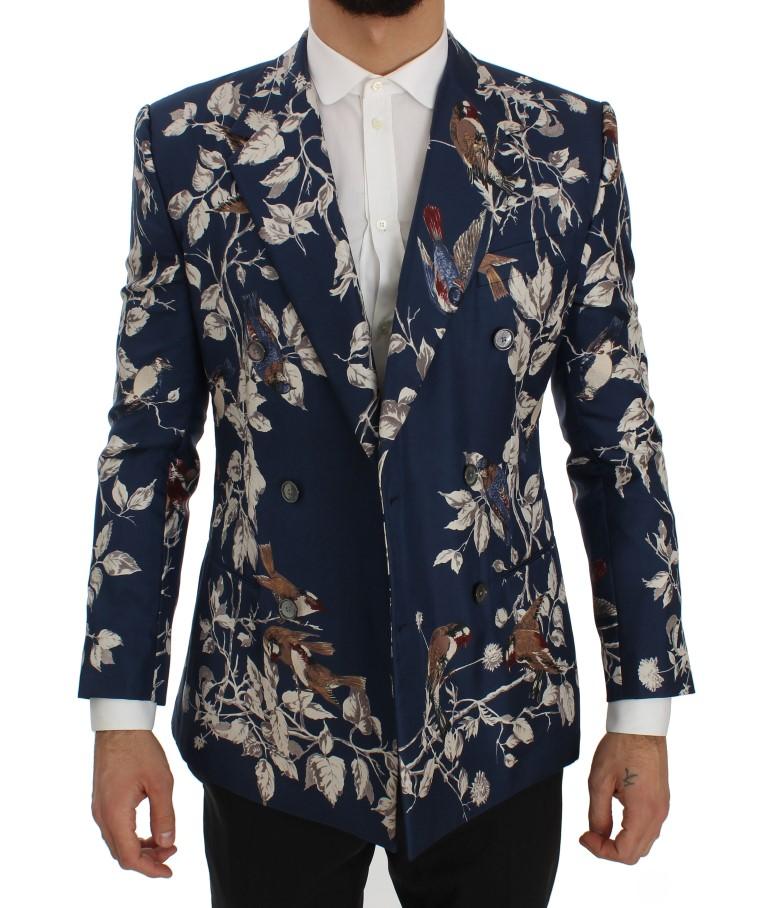 Blue Bird Print Silk Slim Fit Blazer Jacket