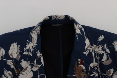 Blue Bird Print Silk Slim Fit Blazer Jacket