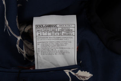 Blue Bird Print Silk Slim Fit Blazer Jacket