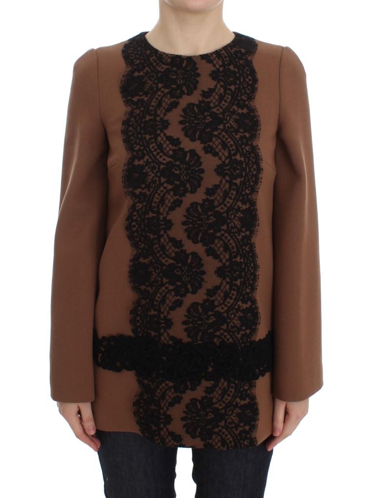 Brown Wool Stretch Black Lace Sweater