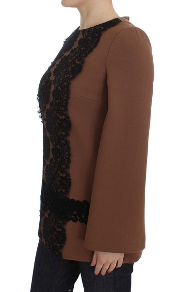 Brown Wool Stretch Black Lace Sweater