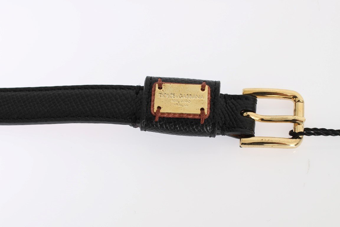Black Leather Gold Buckle Logo Waist Belt