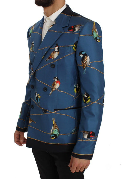 Blue Bird Print Silk Slim Fit Blazer Jacket