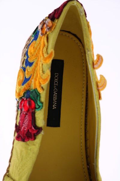 Yellow Brocade Crystal Espadrilles Shoes