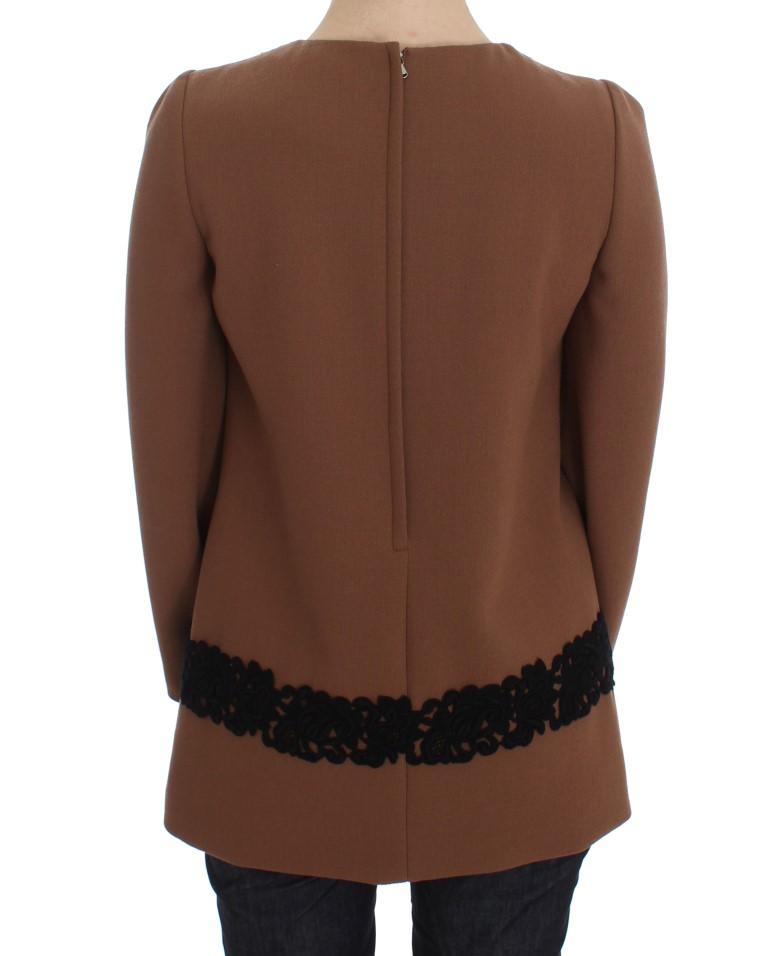 Brown Wool Stretch Black Lace Sweater