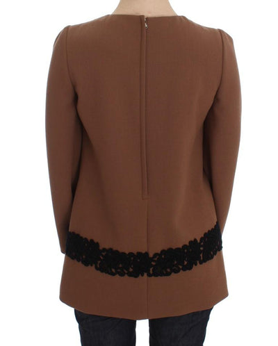 Brown Wool Stretch Black Lace Sweater
