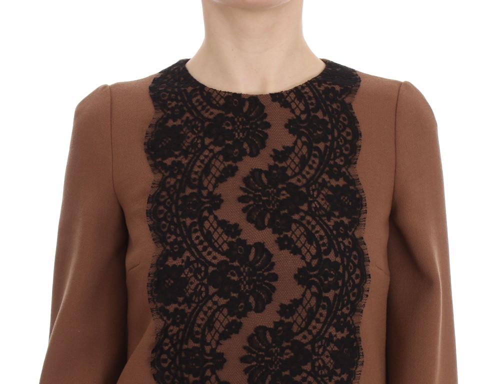 Brown Wool Stretch Black Lace Sweater