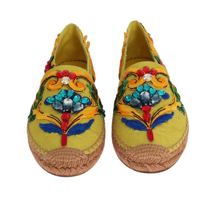 Yellow Brocade Crystal Espadrilles Shoes